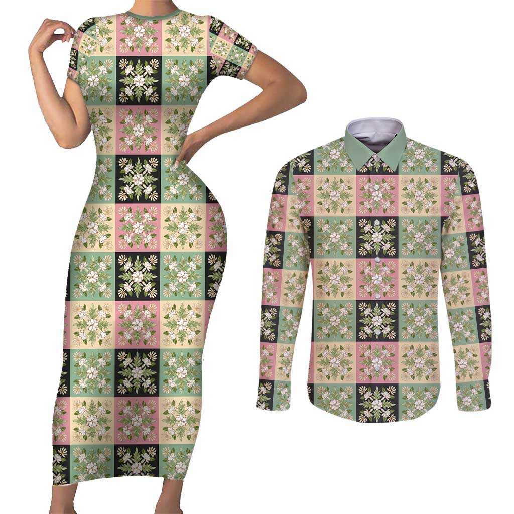 Seamless Pattern Maile and Pikake Lei Couples Matching Short Sleeve Bodycon Dress and Long Sleeve Button Shirt Squares Maile Leaf LT9 Green - Polynesian Pride