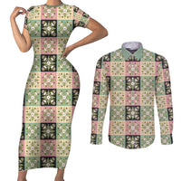 Seamless Pattern Maile and Pikake Lei Couples Matching Short Sleeve Bodycon Dress and Long Sleeve Button Shirt Squares Maile Leaf LT9 Green - Polynesian Pride