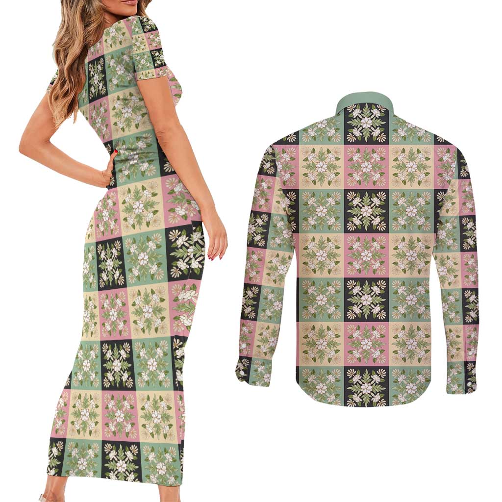 Seamless Pattern Maile and Pikake Lei Couples Matching Short Sleeve Bodycon Dress and Long Sleeve Button Shirt Squares Maile Leaf LT9 - Polynesian Pride