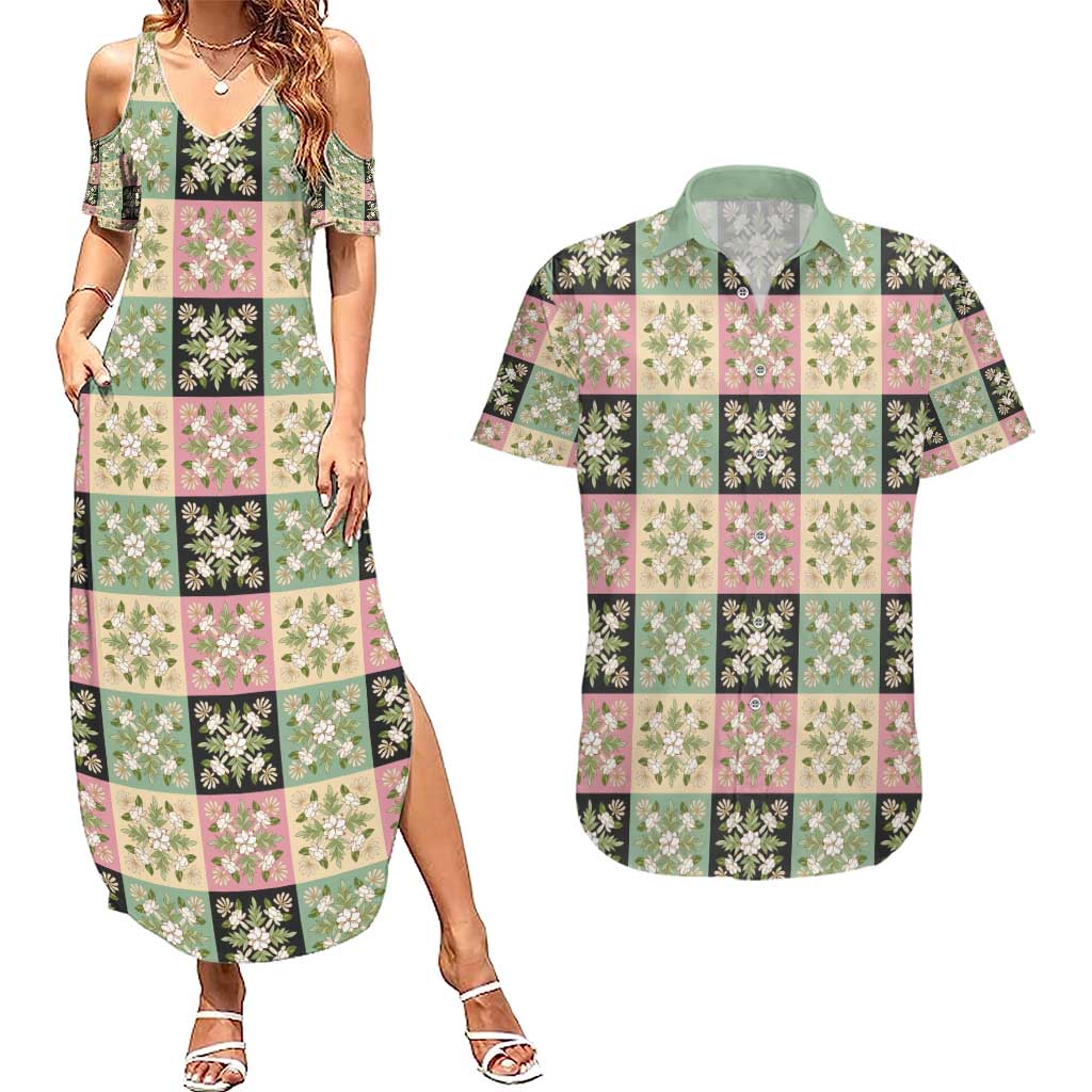 Seamless Pattern Maile and Pikake Lei Couples Matching Summer Maxi Dress and Hawaiian Shirt Squares Maile Leaf - Polynesian Pride