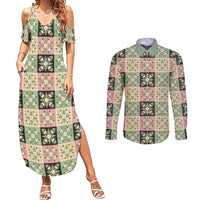 Seamless Pattern Maile and Pikake Lei Couples Matching Summer Maxi Dress and Long Sleeve Button Shirt Squares Maile Leaf LT9 Green - Polynesian Pride