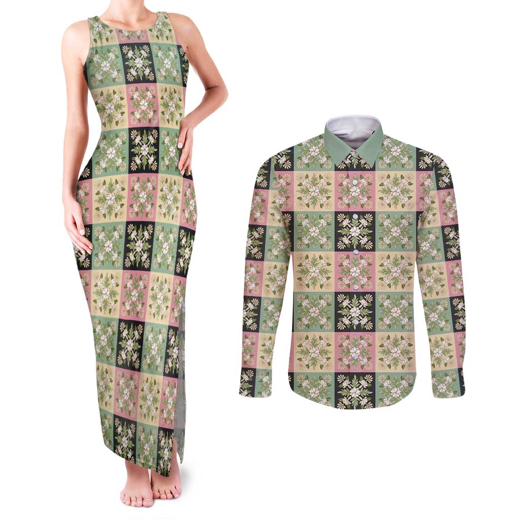 Seamless Pattern Maile and Pikake Lei Couples Matching Tank Maxi Dress and Long Sleeve Button Shirt Squares Maile Leaf - Polynesian Pride