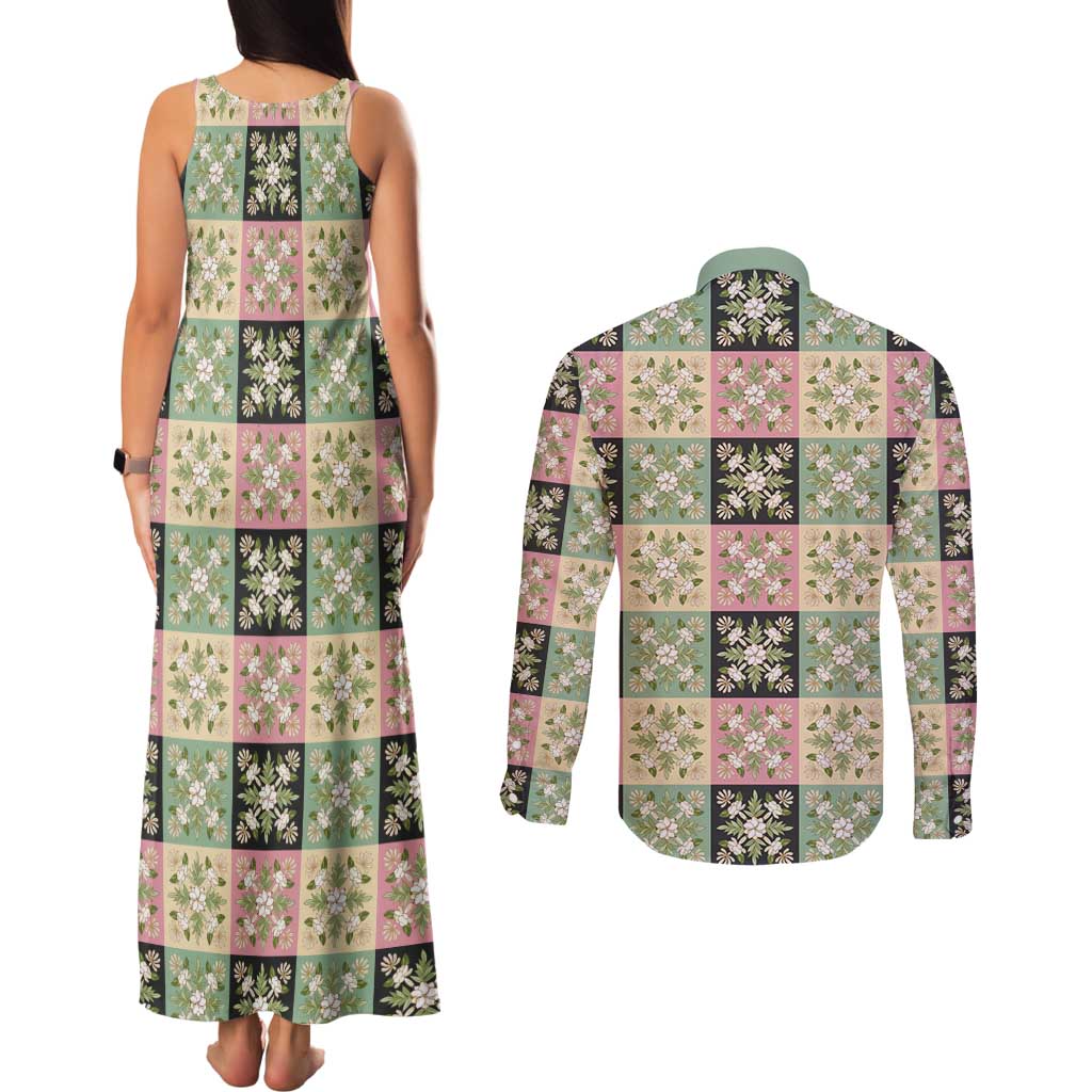Seamless Pattern Maile and Pikake Lei Couples Matching Tank Maxi Dress and Long Sleeve Button Shirt Squares Maile Leaf LT9 - Polynesian Pride