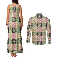 Seamless Pattern Maile and Pikake Lei Couples Matching Tank Maxi Dress and Long Sleeve Button Shirt Squares Maile Leaf LT9 - Polynesian Pride