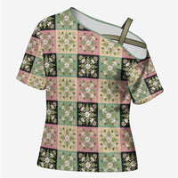 Seamless Pattern Maile and Pikake Lei Cross Shoulder Shirt Squares Maile Leaf LT9 Female Green - Polynesian Pride