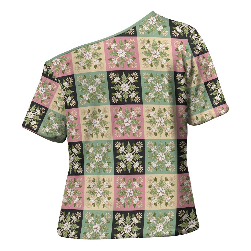 Seamless Pattern Maile and Pikake Lei Cross Shoulder Shirt Squares Maile Leaf LT9 - Polynesian Pride
