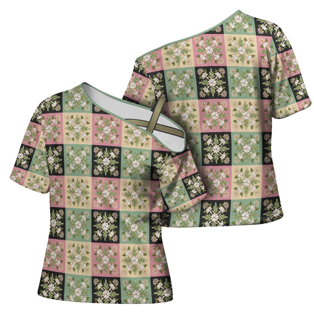 Seamless Pattern Maile and Pikake Lei Cross Shoulder Shirt Squares Maile Leaf LT9 - Polynesian Pride