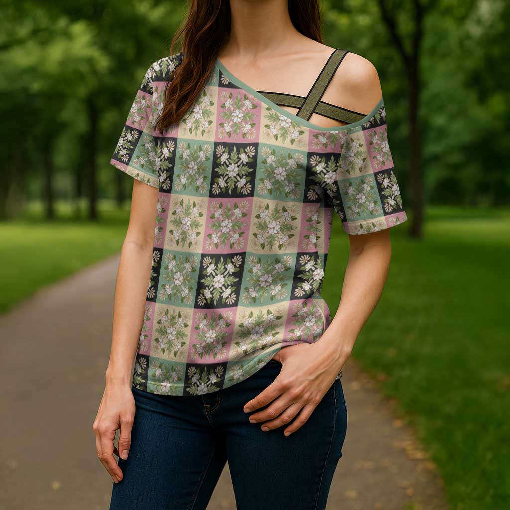 Seamless Pattern Maile and Pikake Lei Cross Shoulder Shirt Squares Maile Leaf LT9 - Polynesian Pride