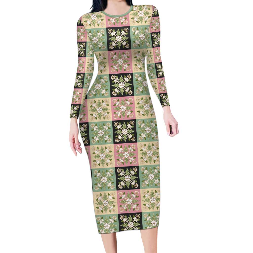 Seamless Pattern Maile and Pikake Lei Family Matching Long Sleeve Bodycon Dress and Hawaiian Shirt Squares Maile Leaf - Polynesian Pride