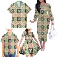 Seamless Pattern Maile and Pikake Lei Family Matching Off The Shoulder Long Sleeve Dress and Hawaiian Shirt Squares Maile Leaf - Polynesian Pride