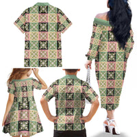 Seamless Pattern Maile and Pikake Lei Family Matching Off The Shoulder Long Sleeve Dress and Hawaiian Shirt Squares Maile Leaf - Polynesian Pride