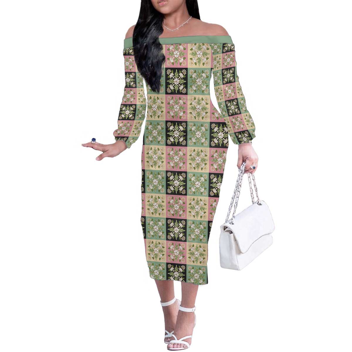 Seamless Pattern Maile and Pikake Lei Family Matching Off The Shoulder Long Sleeve Dress and Hawaiian Shirt Squares Maile Leaf - Polynesian Pride