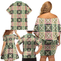 Seamless Pattern Maile and Pikake Lei Family Matching Off Shoulder Short Dress and Hawaiian Shirt Squares Maile Leaf - Polynesian Pride