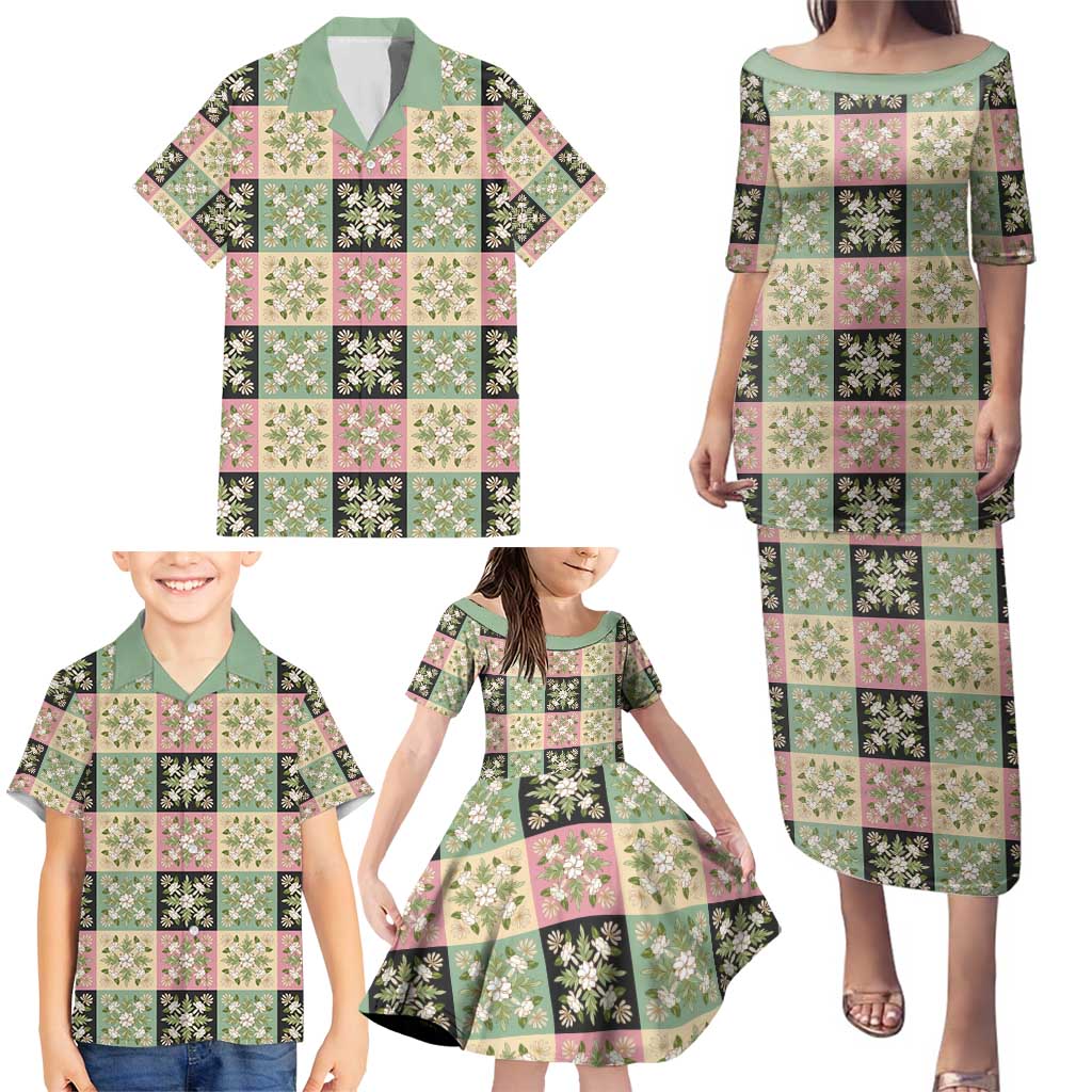 Seamless Pattern Maile and Pikake Lei Family Matching Puletasi and Hawaiian Shirt Squares Maile Leaf LT9 - Polynesian Pride