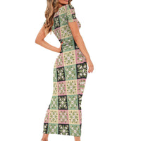 Seamless Pattern Maile and Pikake Lei Family Matching Short Sleeve Bodycon Dress and Hawaiian Shirt Squares Maile Leaf - Polynesian Pride