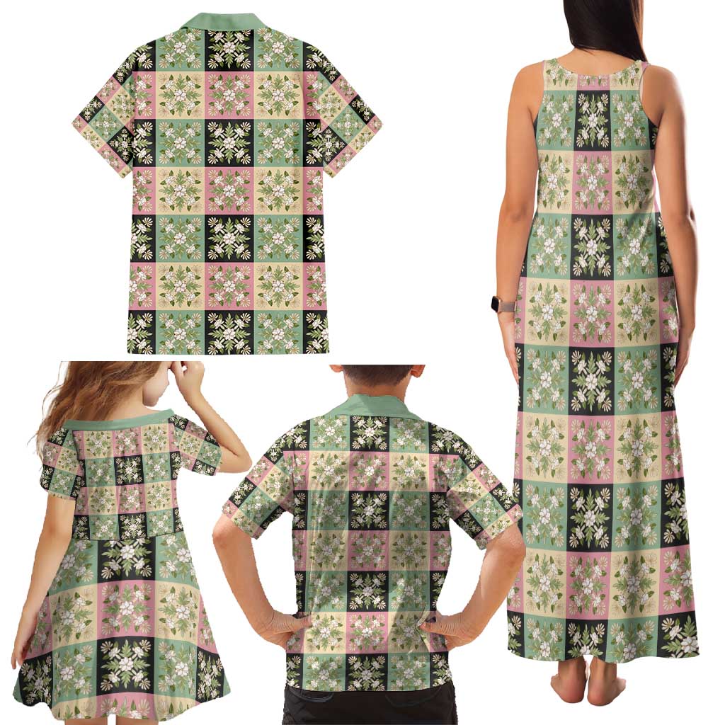Seamless Pattern Maile and Pikake Lei Family Matching Tank Maxi Dress and Hawaiian Shirt Squares Maile Leaf - Polynesian Pride