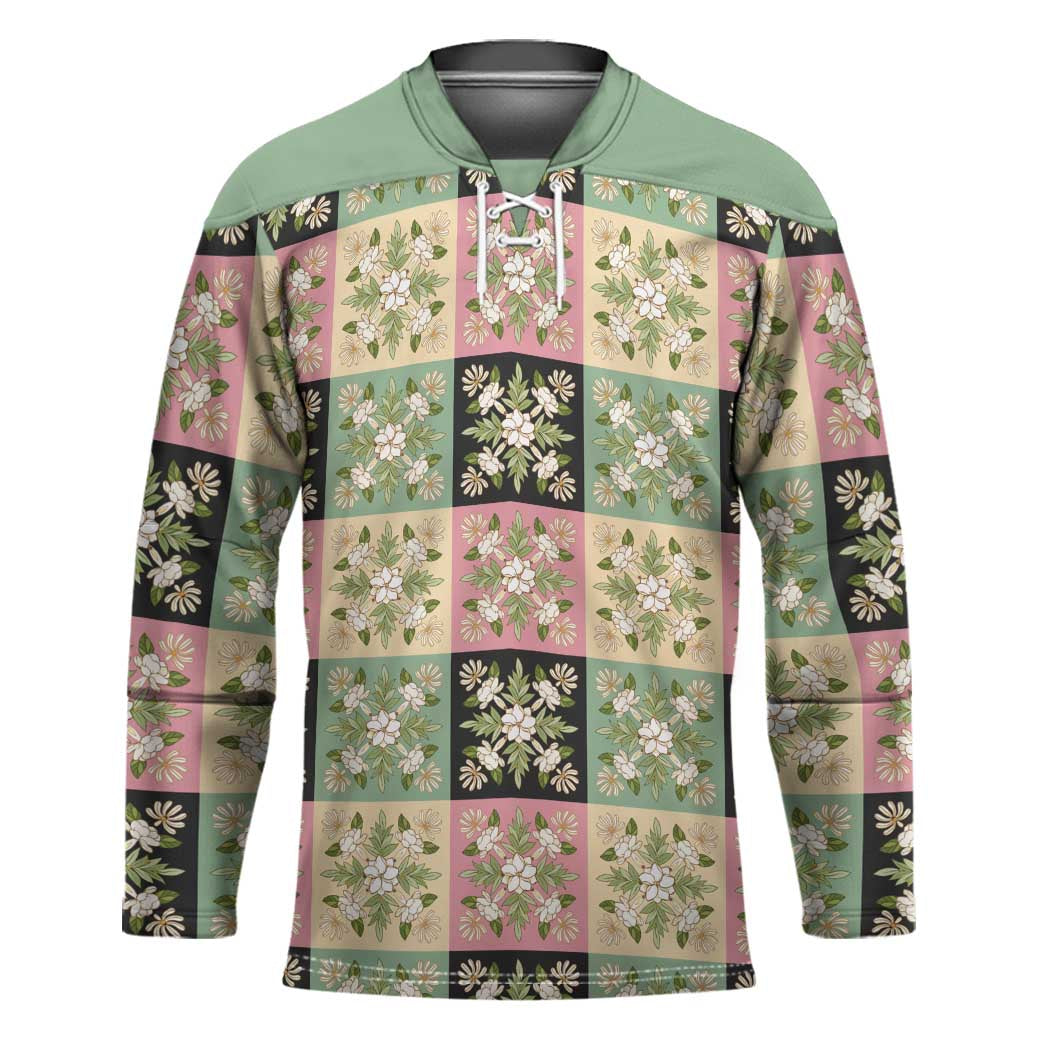 Seamless Pattern Maile and Pikake Lei Hockey Jersey Squares Maile Leaf LT9 Unisex Green - Polynesian Pride