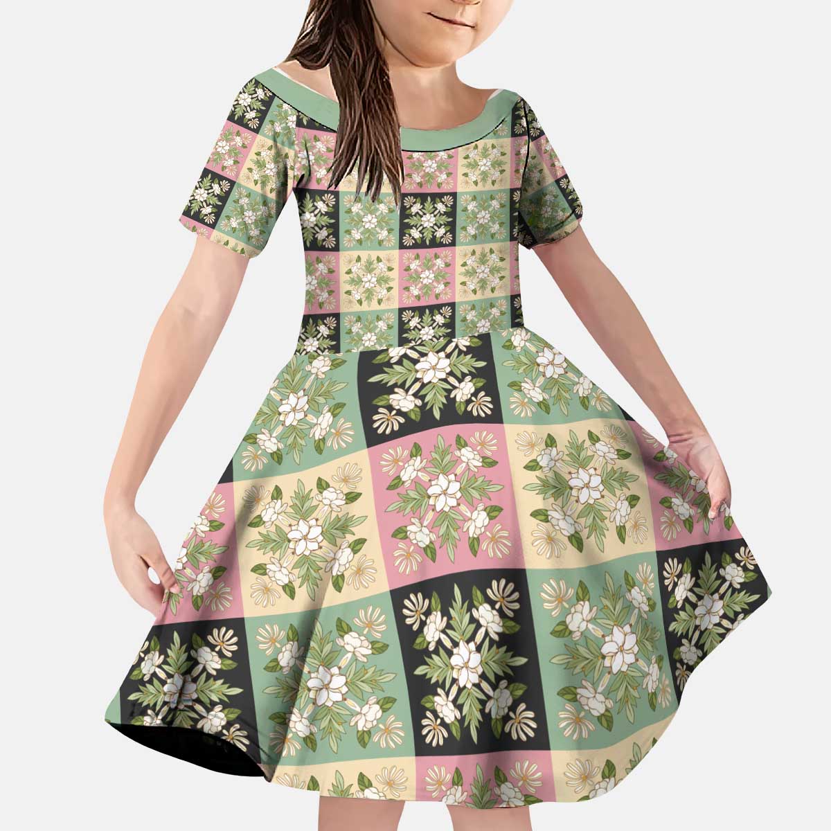 Seamless Pattern Maile and Pikake Lei Kid Short Sleeve Dress Squares Maile Leaf - Polynesian Pride