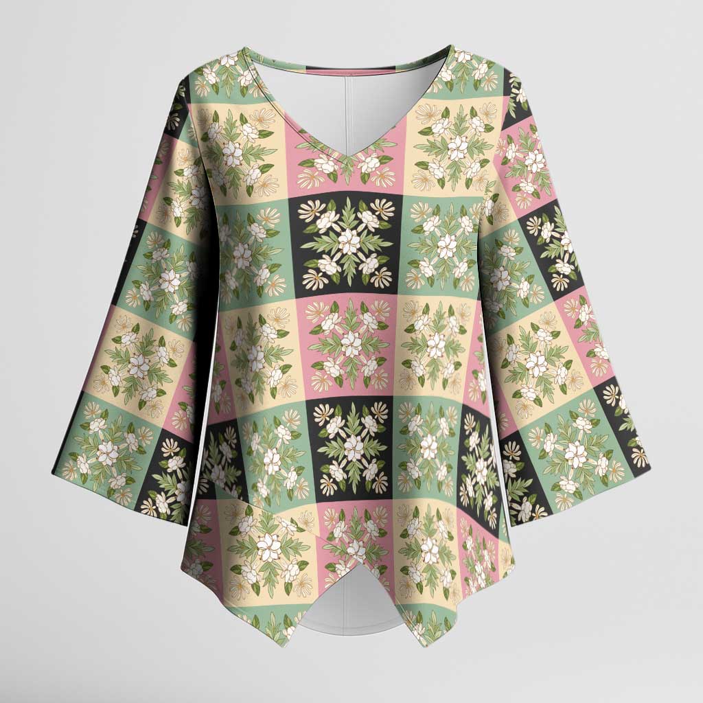Seamless Pattern Maile and Pikake Lei Kimono Sleeve Blouse Squares Maile Leaf LT9 Female Green - Polynesian Pride