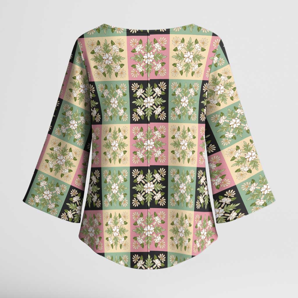 Seamless Pattern Maile and Pikake Lei Kimono Sleeve Blouse Squares Maile Leaf LT9 - Polynesian Pride