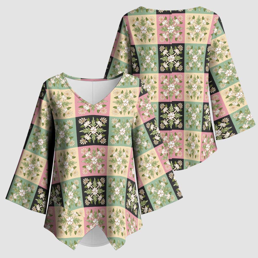 Seamless Pattern Maile and Pikake Lei Kimono Sleeve Blouse Squares Maile Leaf LT9 - Polynesian Pride