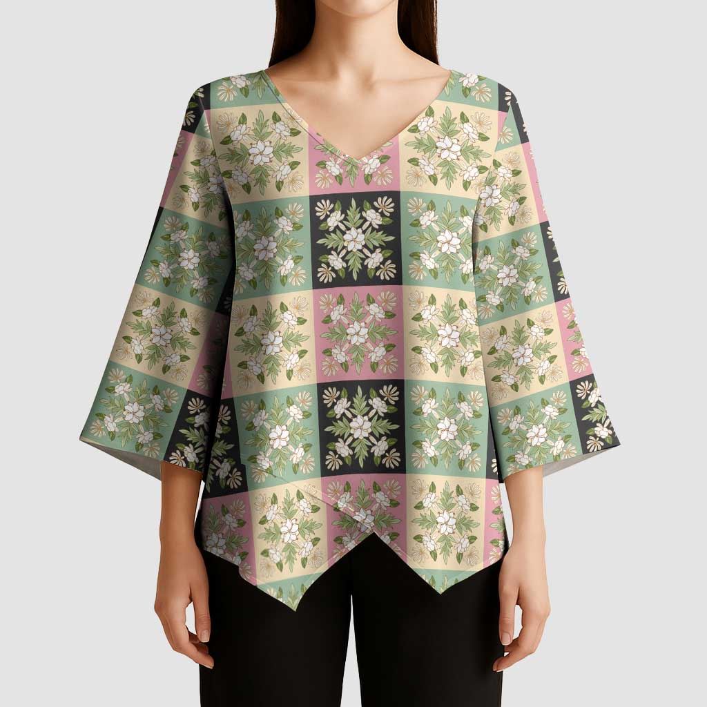 Seamless Pattern Maile and Pikake Lei Kimono Sleeve Blouse Squares Maile Leaf LT9 - Polynesian Pride