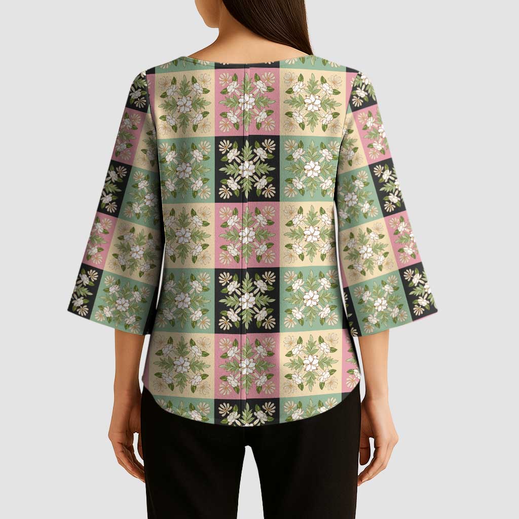 Seamless Pattern Maile and Pikake Lei Kimono Sleeve Blouse Squares Maile Leaf LT9 - Polynesian Pride