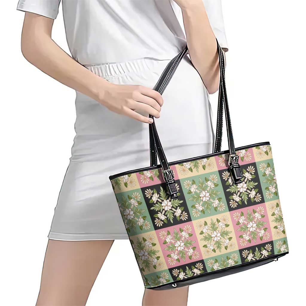 Seamless Pattern Maile and Pikake Lei Leather Tote Bag Squares Maile Leaf - Polynesian Pride