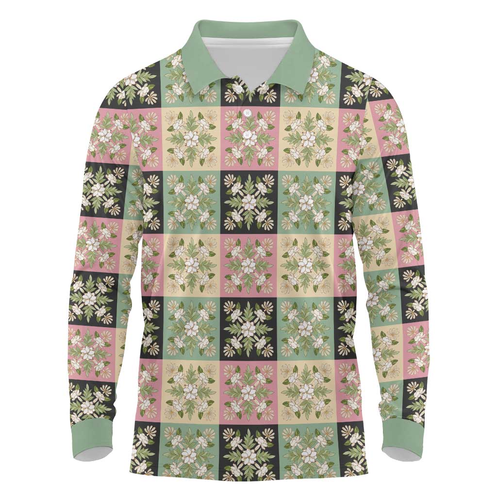 Seamless Pattern Maile and Pikake Lei Long Sleeve Polo Shirt Squares Maile Leaf LT9 Green - Polynesian Pride