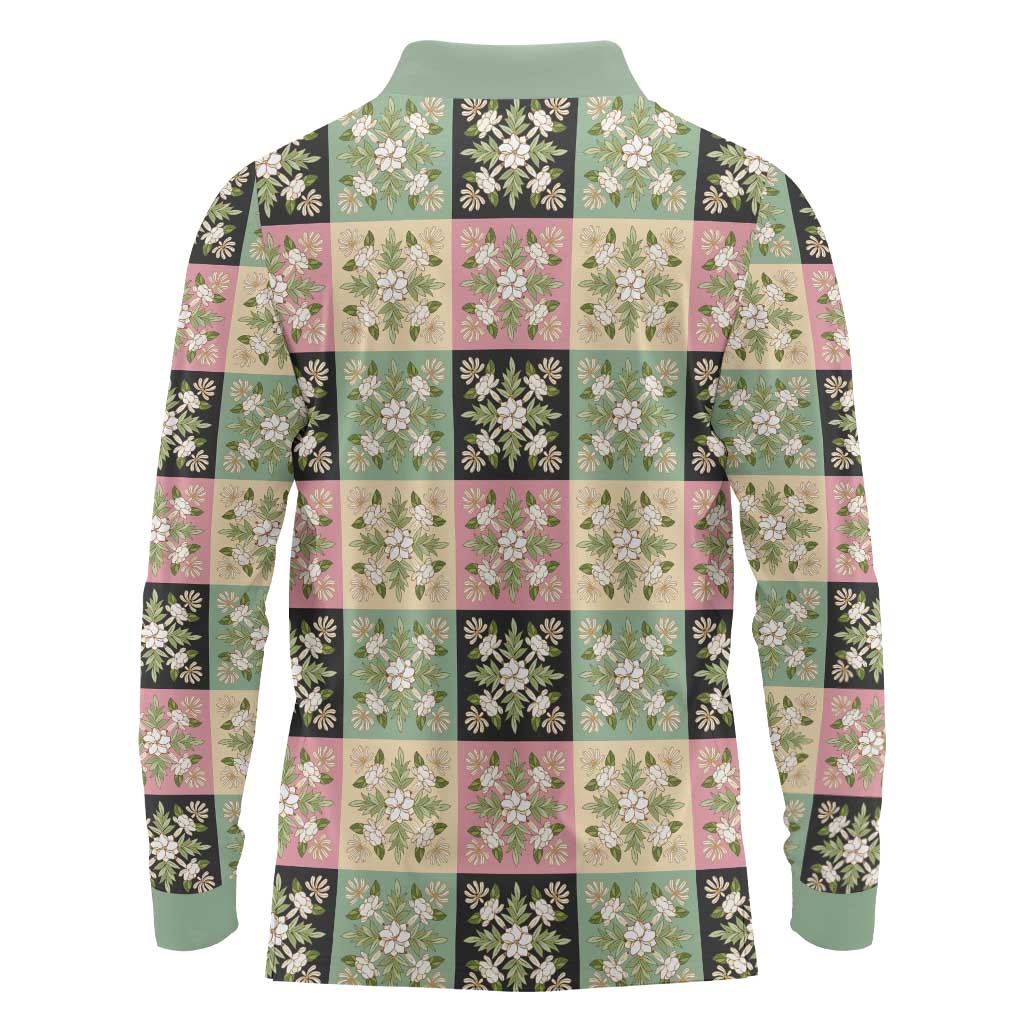 Seamless Pattern Maile and Pikake Lei Long Sleeve Polo Shirt Squares Maile Leaf LT9 - Polynesian Pride