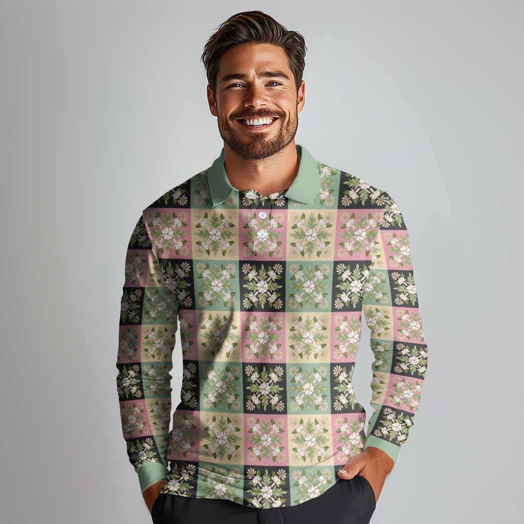 Seamless Pattern Maile and Pikake Lei Long Sleeve Polo Shirt Squares Maile Leaf LT9 - Polynesian Pride