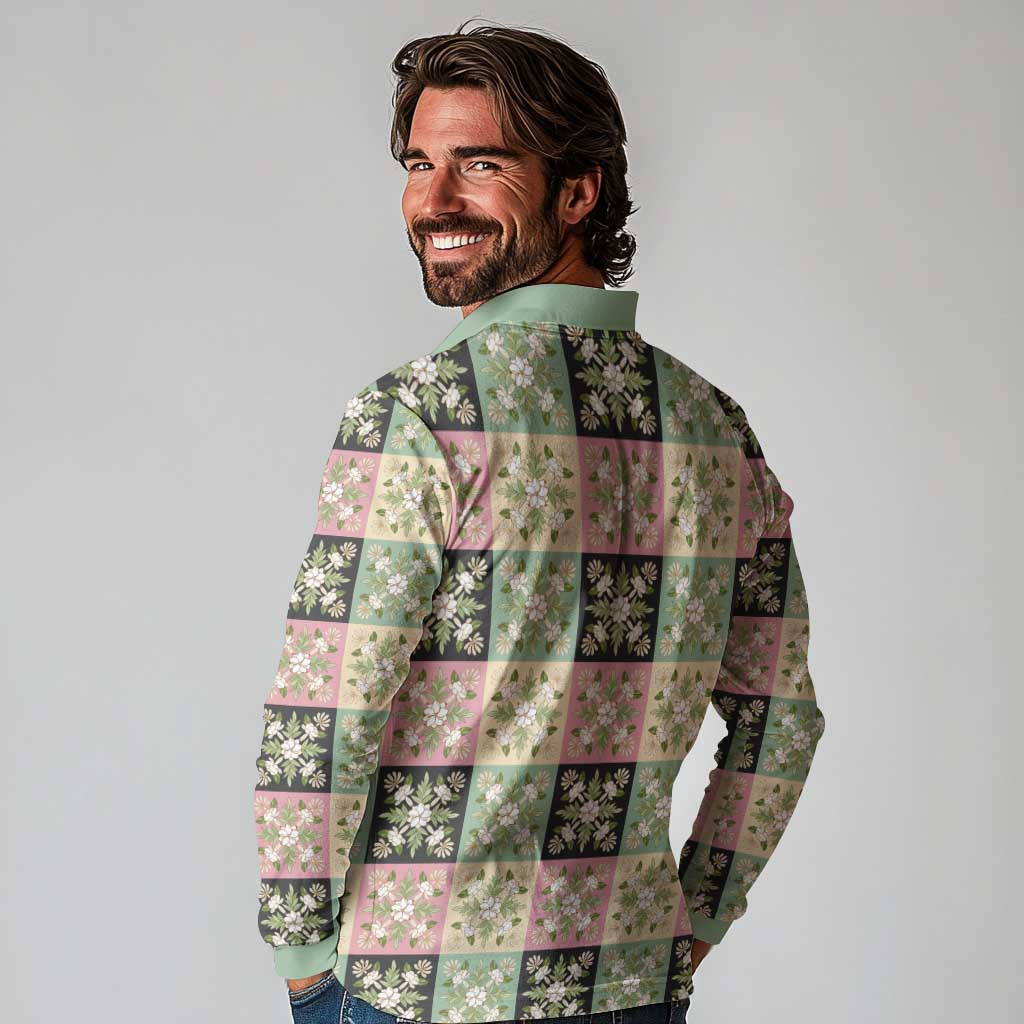 Seamless Pattern Maile and Pikake Lei Long Sleeve Polo Shirt Squares Maile Leaf LT9 - Polynesian Pride