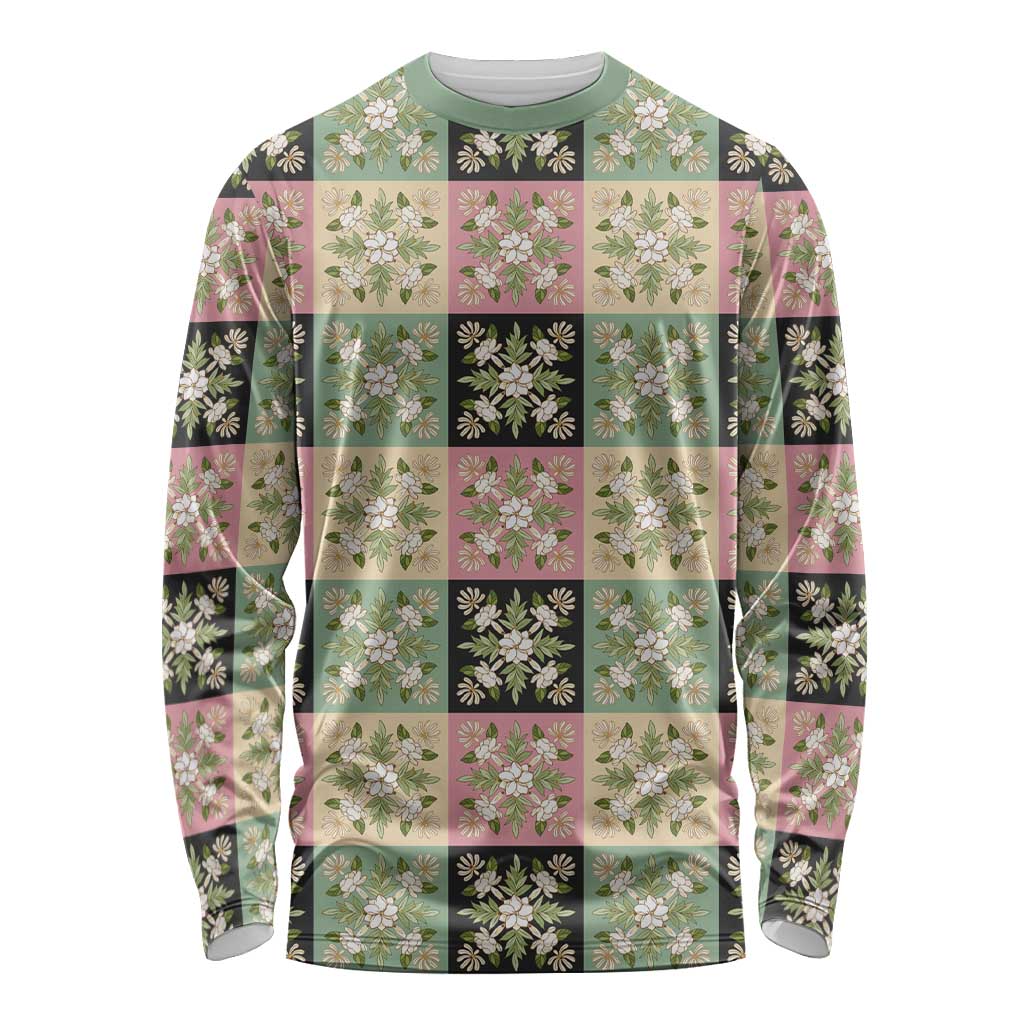 Seamless Pattern Maile and Pikake Lei Long Sleeve Shirt Squares Maile Leaf LT9 Unisex Green - Polynesian Pride