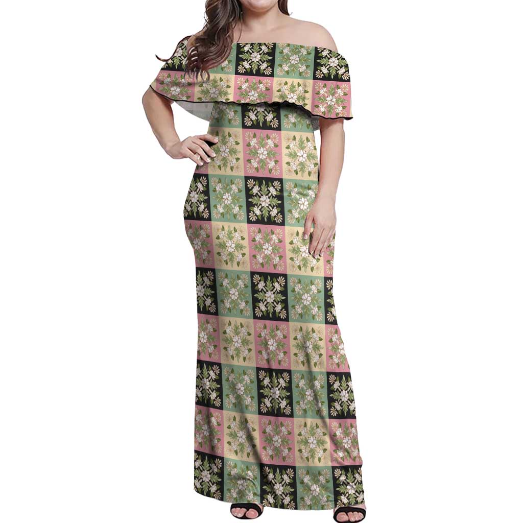 Seamless Pattern Maile and Pikake Lei Off Shoulder Maxi Dress Squares Maile Leaf - Polynesian Pride