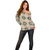 Seamless Pattern Maile and Pikake Lei Off Shoulder Sweater Squares Maile Leaf - Polynesian Pride