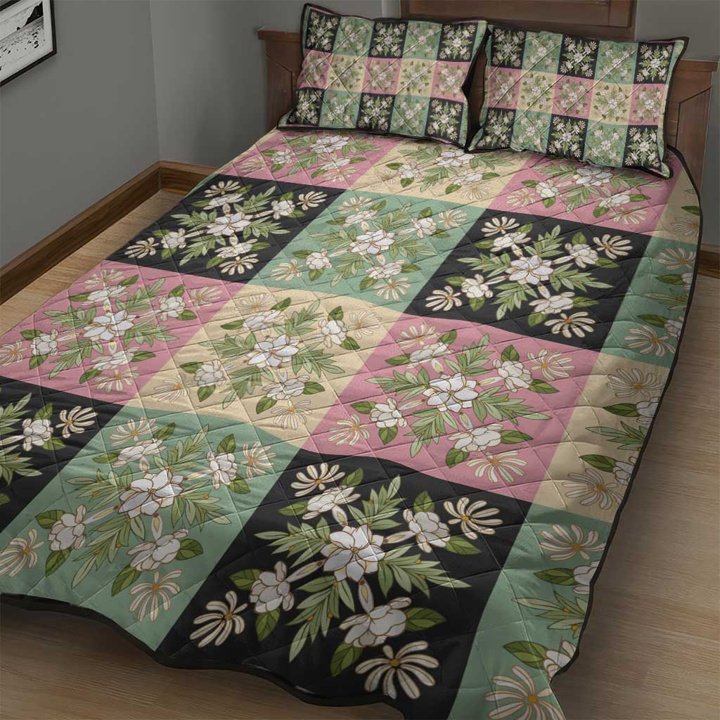 Seamless Pattern Maile and Pikake Lei Quilt Bed Set Squares Maile Leaf - Polynesian Pride