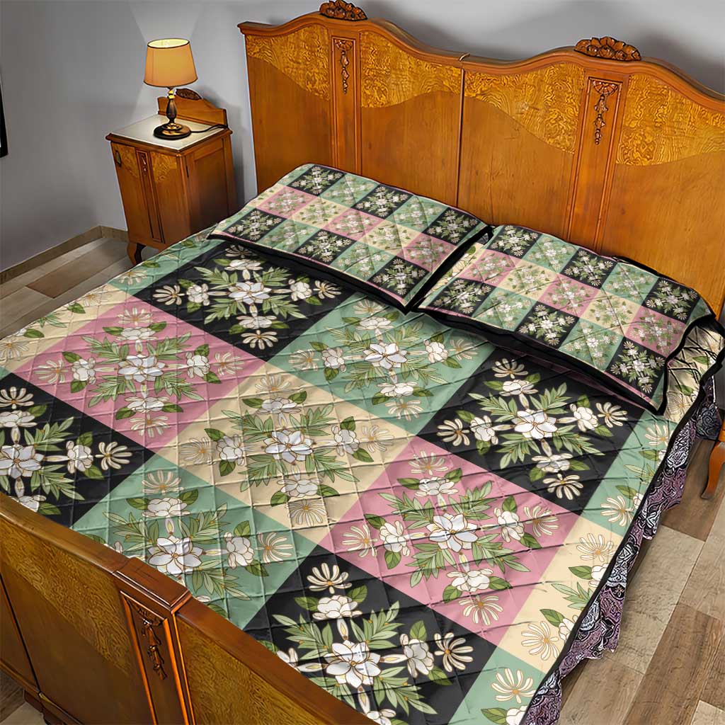 Seamless Pattern Maile and Pikake Lei Quilt Bed Set Squares Maile Leaf - Polynesian Pride