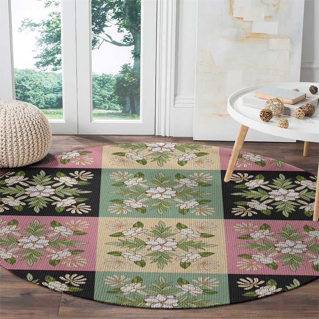 Seamless Pattern Maile and Pikake Lei Round Carpet Squares Maile Leaf - Polynesian Pride