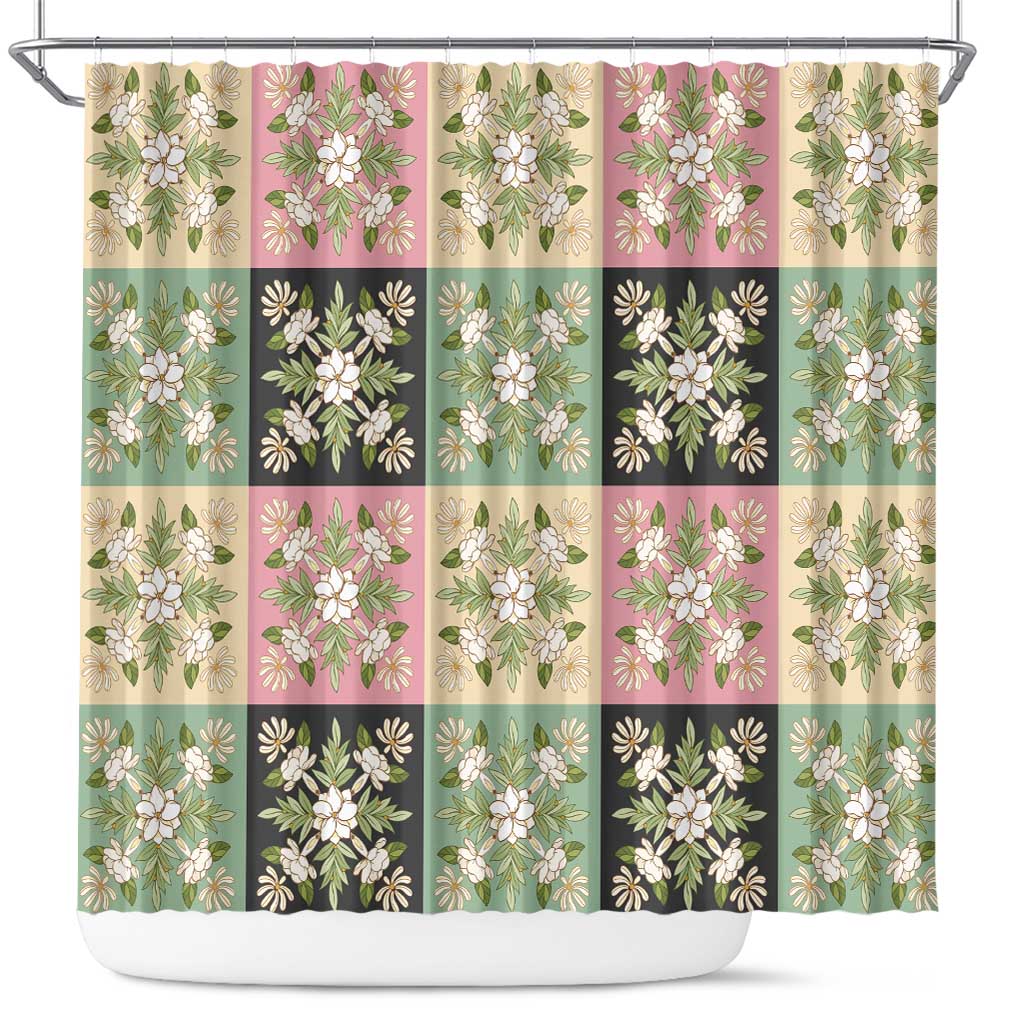 Seamless Pattern Maile and Pikake Lei Shower Curtain Squares Maile Leaf - Polynesian Pride