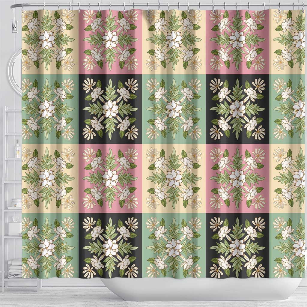 Seamless Pattern Maile and Pikake Lei Shower Curtain Squares Maile Leaf - Polynesian Pride