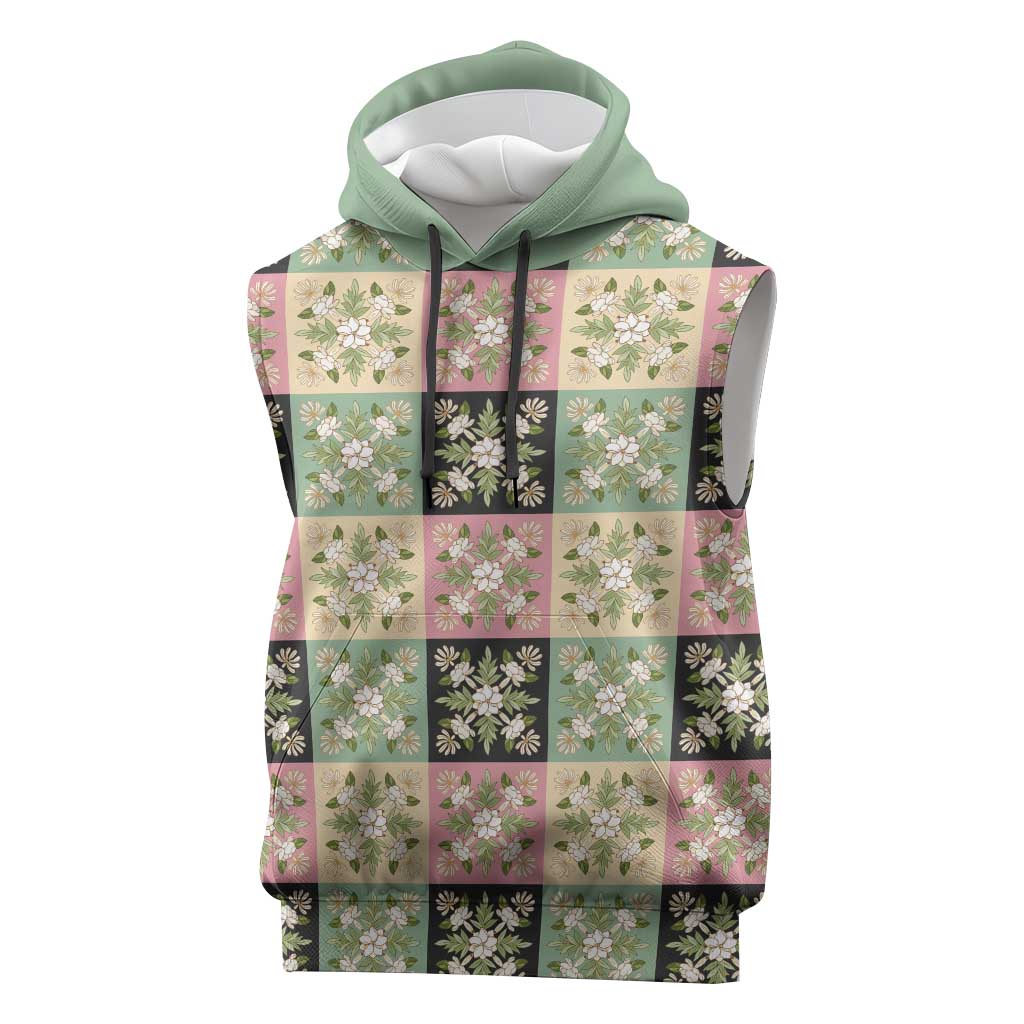 Seamless Pattern Maile and Pikake Lei Sleeveless Hoodie Squares Maile Leaf LT9 Green - Polynesian Pride