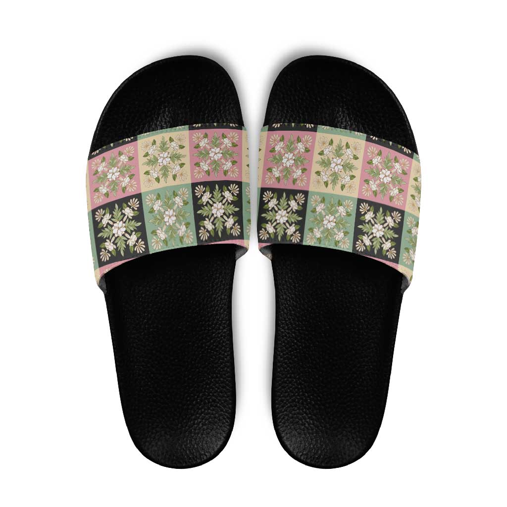 Seamless Pattern Maile and Pikake Lei Slide Sandals Squares Maile Leaf - Polynesian Pride