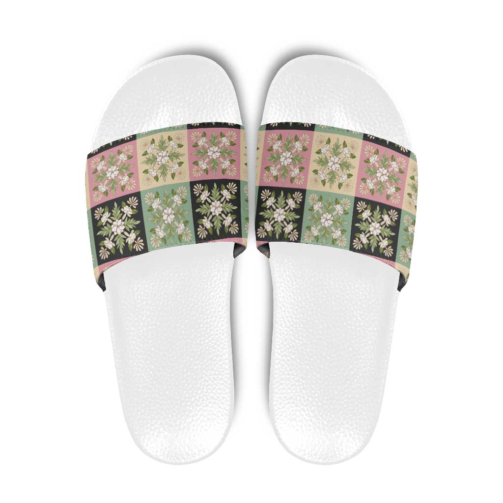 Seamless Pattern Maile and Pikake Lei Slide Sandals Squares Maile Leaf - Polynesian Pride