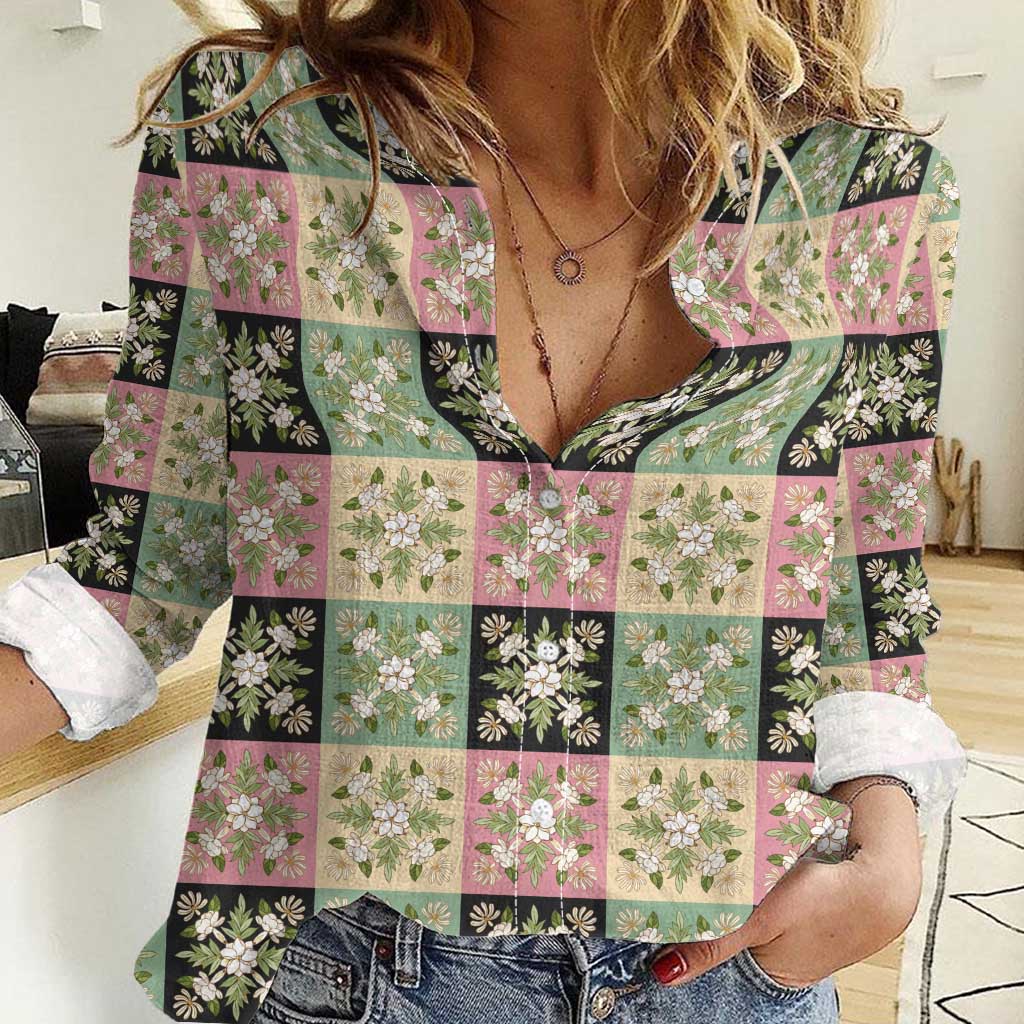 Seamless Pattern Maile and Pikake Lei Women Casual Shirt Squares Maile Leaf - Polynesian Pride