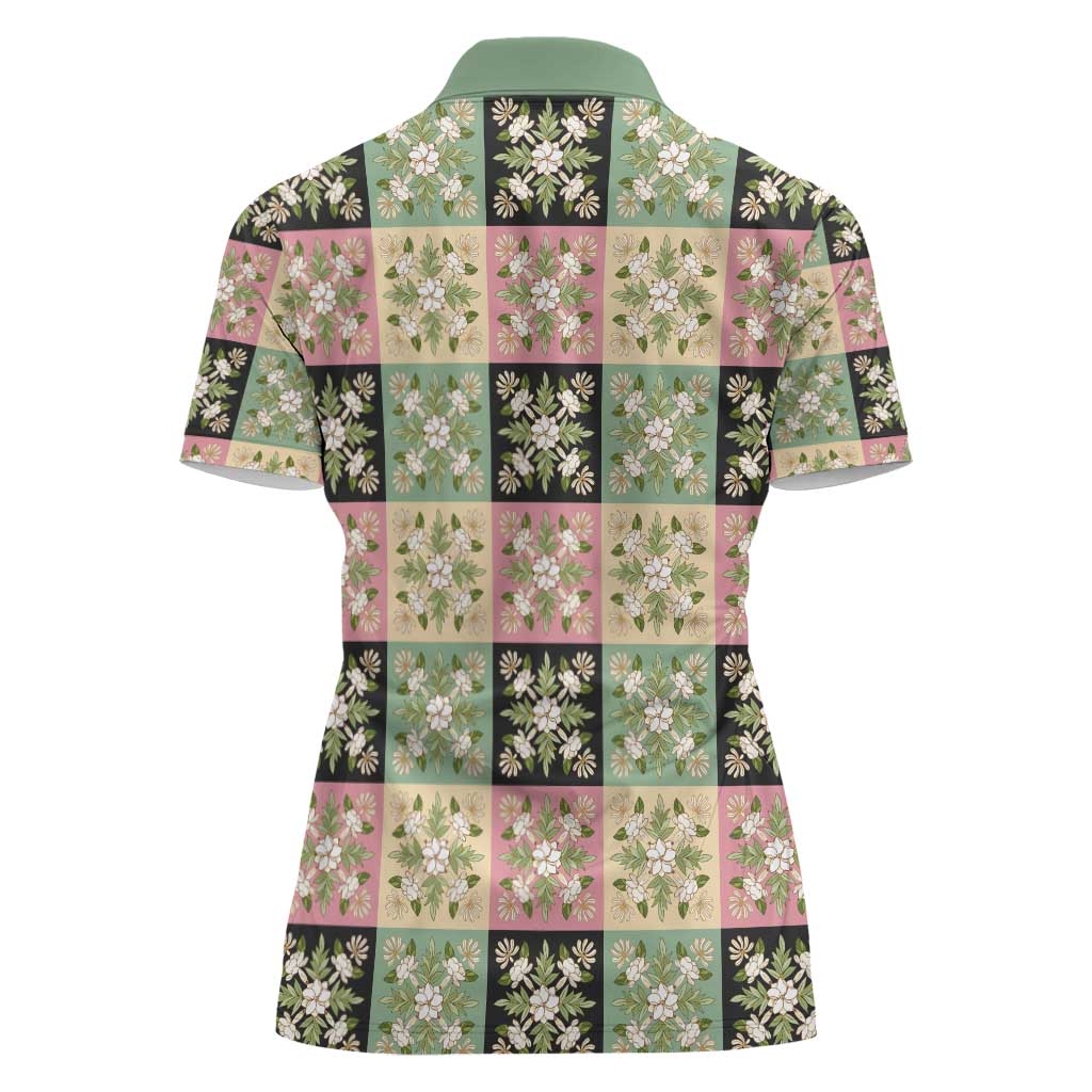 Seamless Pattern Maile and Pikake Lei Women Polo Shirt Squares Maile Leaf - Polynesian Pride