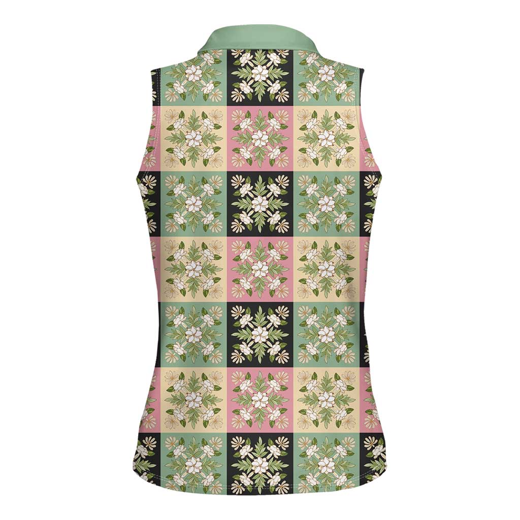 Seamless Pattern Maile and Pikake Lei Women Sleeveless Polo Shirt Squares Maile Leaf LT9 - Polynesian Pride