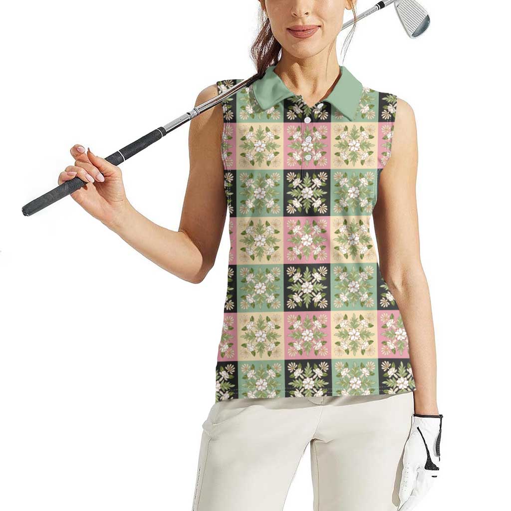 Seamless Pattern Maile and Pikake Lei Women Sleeveless Polo Shirt Squares Maile Leaf LT9 - Polynesian Pride