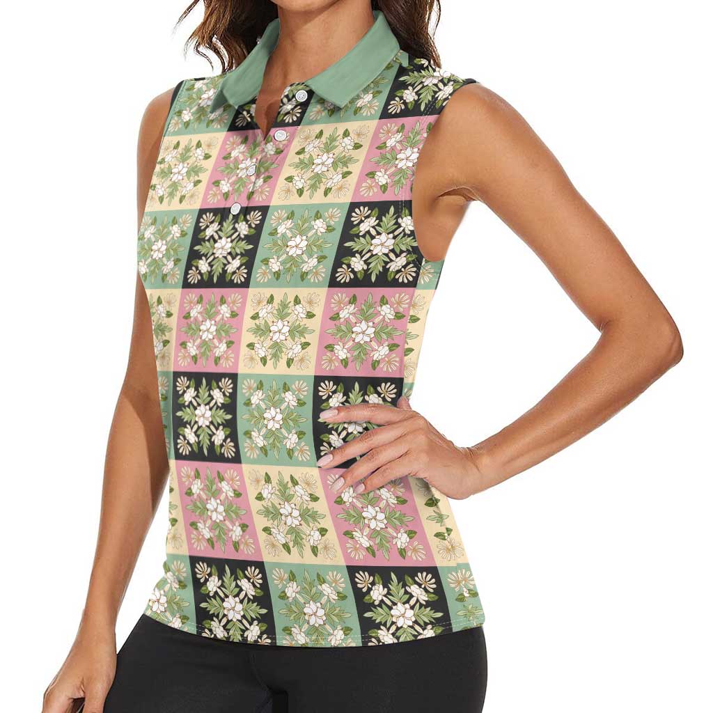 Seamless Pattern Maile and Pikake Lei Women Sleeveless Polo Shirt Squares Maile Leaf LT9 - Polynesian Pride