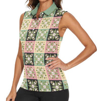Seamless Pattern Maile and Pikake Lei Women Sleeveless Polo Shirt Squares Maile Leaf LT9 - Polynesian Pride