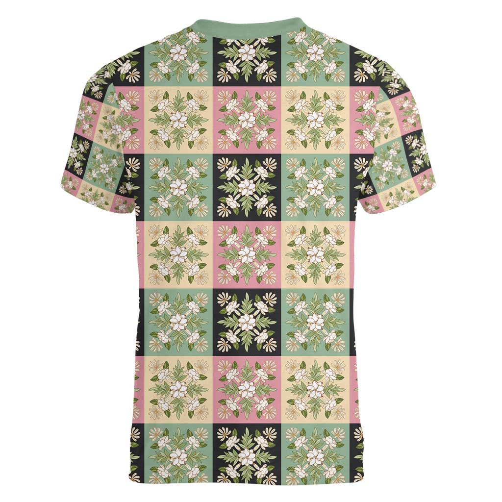 Seamless Pattern Maile and Pikake Lei Women V-Neck T-Shirt Squares Maile Leaf - Polynesian Pride